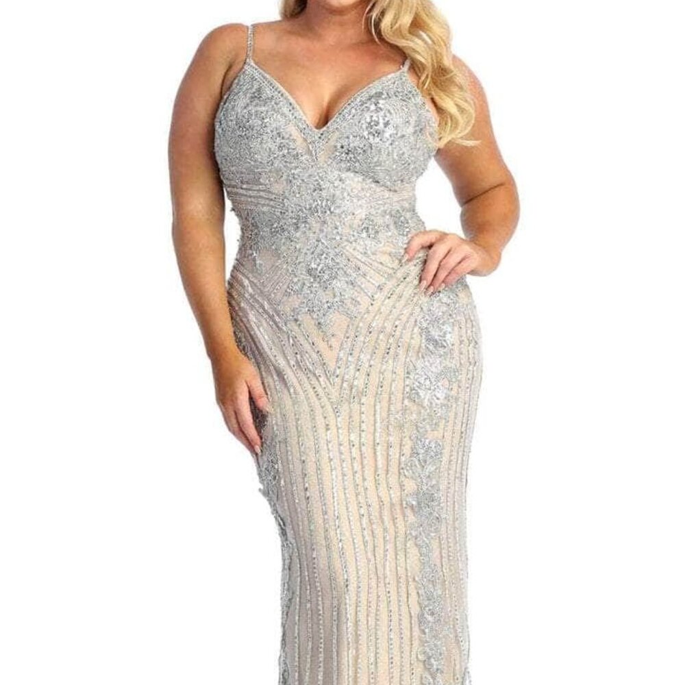 NWT May Queen RQ7946 Beaded Formal Gown Silver Nude Size 6